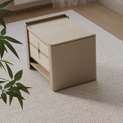 Modern Beige Nightstand with Drawer Storage on Soft Rug and Green Plant Decoration 3d model