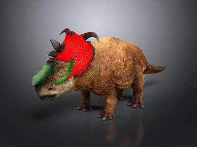 Triceratops Dinosaur Model With Red Green Frill And Brown Body Details 3d model