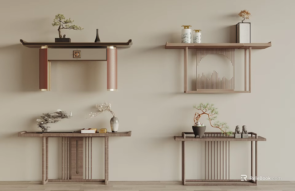 Chinese Style Console Table With Wooden Shelves Potted Plants And Decorative Items 3d model 