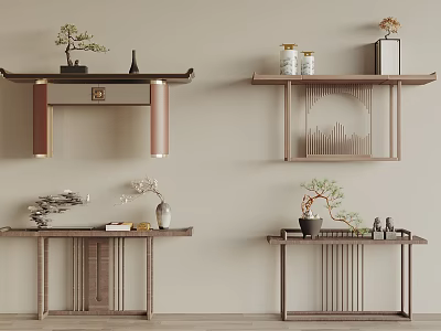 Chinese Style Console Table With Wooden Shelves Potted Plants And Decorative Items 3d model