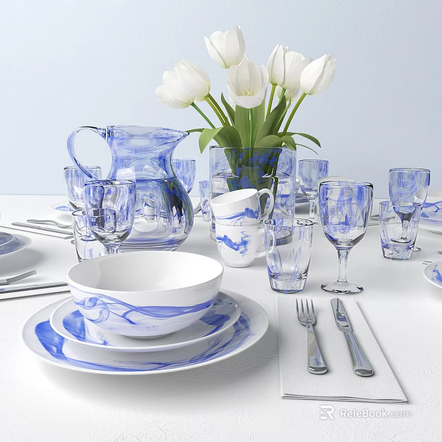Blue And White Dinnerware Set With Decorative Patterns Tulip Bouquet Pitcher And Glassware 3d model 