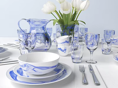 Blue And White Dinnerware Set With Decorative Patterns Tulip Bouquet Pitcher And Glassware 3d model