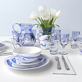 Blue And White Dinnerware Set With Decorative Patterns Tulip Bouquet Pitcher And Glassware