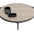 Round Light Wooden Coffee Table With Black Frame And Small Trays 3d model