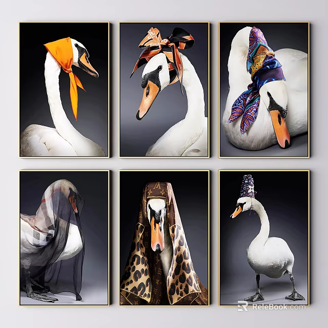 Artistic Swan Animal Paintings With Decorative Headpieces And Scarves 3d model 