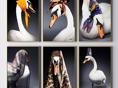 Artistic Swan Animal Paintings With Decorative Headpieces And Scarves 3d model