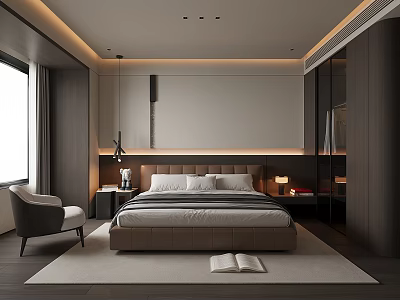 Modern Bedroom Interior Design With Upholstered Bed Nightstand Armchair And Rug 3d model