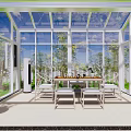 Transparent Glass Villa Balcony With White Frame Skylights Green Lawn And Red Flowers