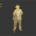 Man with Beard and Hat Wearing Light Shirt and Pants Holding Cane in Gray Background