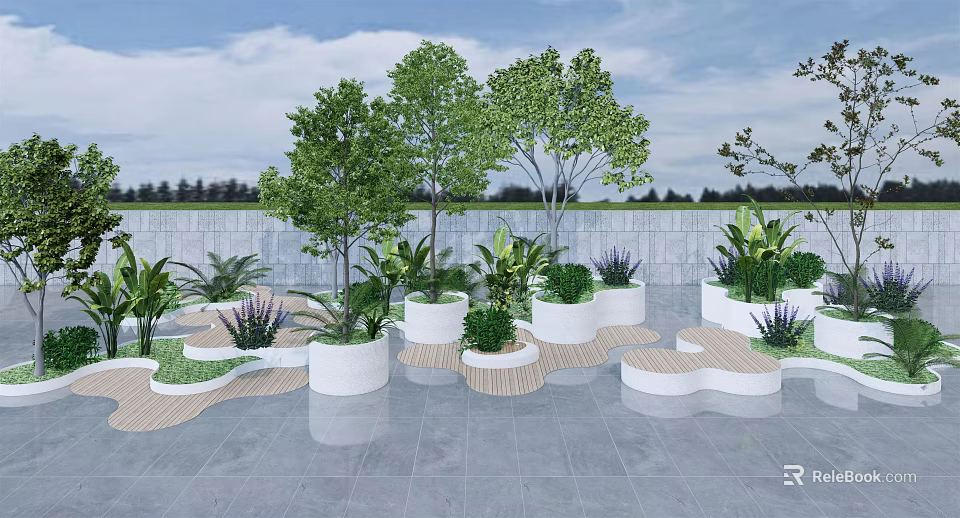 Modern Landscape Seats With Trees Plants White Planters And Wooden Decking 3d model 