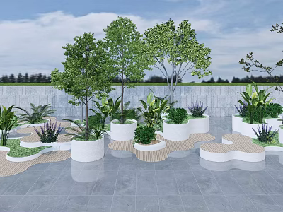 Modern Landscape Seats With Trees Plants White Planters And Wooden Decking 3d model