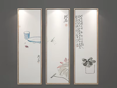 Chinese Style Scroll Paintings With Calligraphy Natural Elements And Teacup Design 3d model