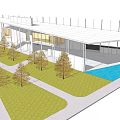 Modern Architectural Exterior With White Roof Glass Facade Green Lawn Trees and Small Pool