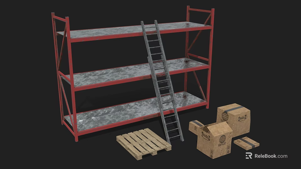 Industrial Storage Shelves With Red Frame Metal Tiers Ladder Cardboard Boxes And Wooden Pallet 3d model 