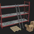 Industrial Storage Shelves With Red Frame Metal Tiers Ladder Cardboard Boxes And Wooden Pallet