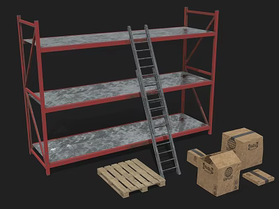Industrial Storage Shelves With Red Frame Metal Tiers Ladder Cardboard Boxes And Wooden Pallet 3d model