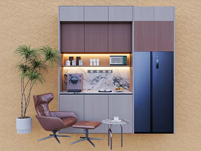 Modern Wine Cabinet Interior Design With Marble Countertop And Coffee Machine 3d model