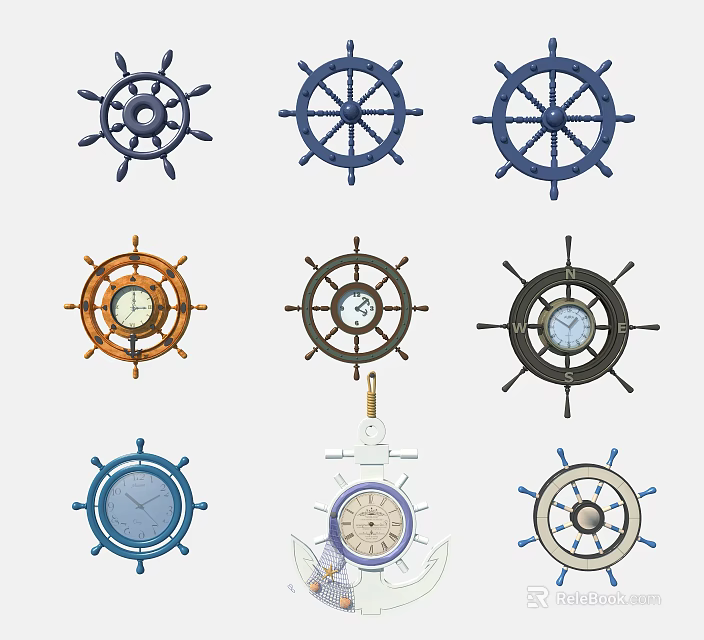 Various Colorful Ship Wheel Wall Decor With Clock And Anchor Details 3d model 