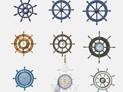 Various Colorful Ship Wheel Wall Decor With Clock And Anchor Details 3d model