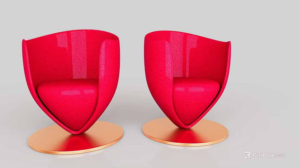 Two Stylish Red Accent Chairs With Gold Round Base Modern Curved Backrest Design 3d model 