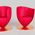 Two Stylish Red Accent Chairs With Gold Round Base Modern Curved Backrest Design