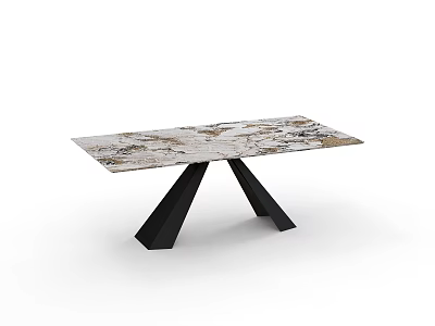 Modern Elegant Dining Table With Marble Pattern Tabletop And Black Triangular Metal Legs 3d model
