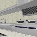 Modern Commercial Kitchen Interior With Stainless Steel Stoves Hoods And Appliances