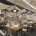 Japanese Restaurant Interior With Wooden Tables Chairs Hanging Lights Wall Art And Shoji Screens