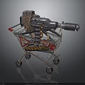 Futuristic Gatling Gun Placed in Shopping Cart With Ammunition Belts And Warning Signs