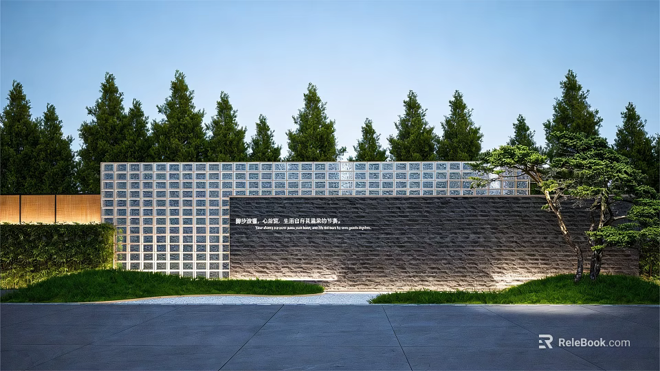 Modern Landscape Feature Wall With Black Stone Transparent Glass And Green Trees 3d model 