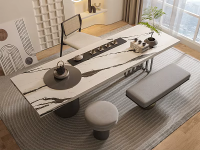 Modern Tea Table And Chairs With Marble Top Tea Set Stool And Potted Plant 3d model