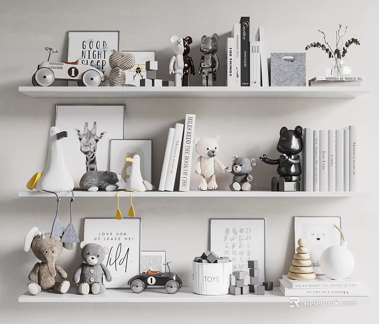 Modern Home Decorative Ornament Set With Plush Toys Books Photo Frames And Shelf 3d model 