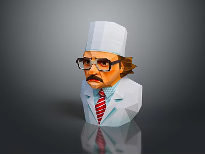 Low Poly Man in White Coat with Glasses Striped Tie and Chef Hat 3d model