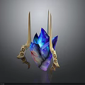 Mythical Character's Creature Inspired Glowing Blue Crystal Armament With Golden Spiked Wings And Symbols