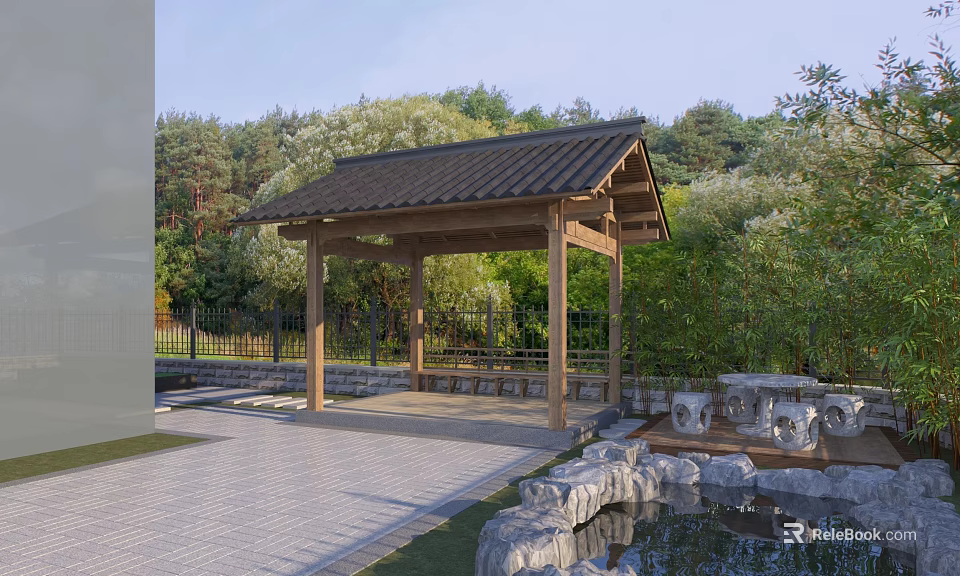 Tranquil Garden Landscape With Wooden Pavilion Tiled Roof Surrounding Trees Paved Ground And Pond Rocks 3d model 