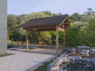 Tranquil Garden Landscape With Wooden Pavilion Tiled Roof Surrounding Trees Paved Ground And Pond Rocks 3d model
