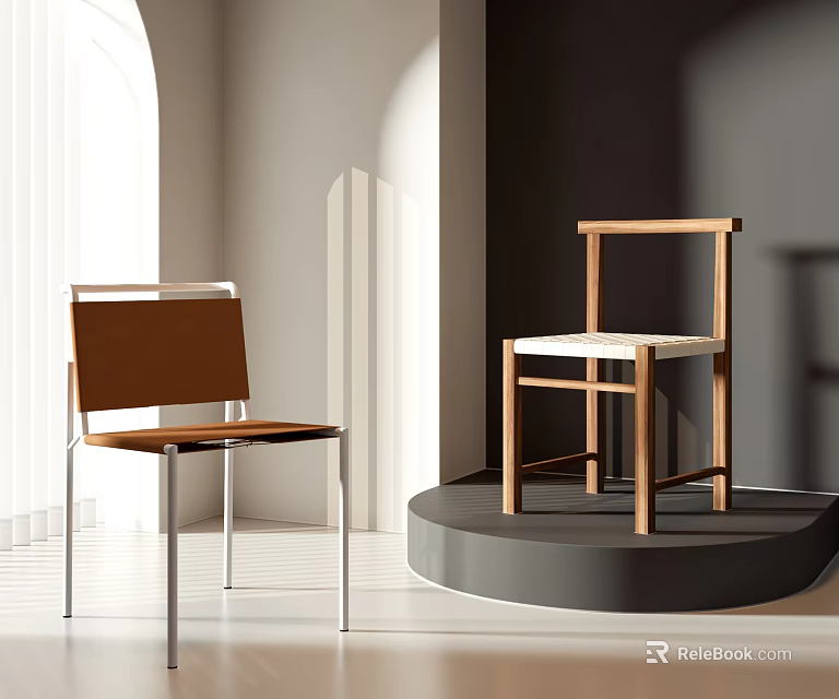Modern Leisure Chairs With Metal And Wooden Frames Brown Leather And White Fabric Seats 3d model 