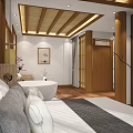 Japanese Style Hotel Guest Room With Tatami Bed Bathtub And Scenic View