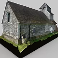 European Style Architecture Church Model With Tower Red Roof Stone Walls And Grass Area
