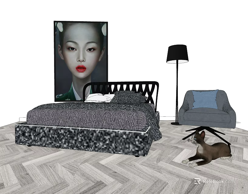 Modern Double Bed With Black Headboard Gray Bedding Floor Lamp Accent Chair And Wooden Floor 3d model 