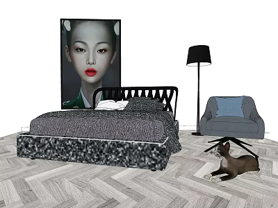 Modern Double Bed With Black Headboard Gray Bedding Floor Lamp Accent Chair And Wooden Floor 3d model