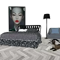 Modern Double Bed With Black Headboard Gray Bedding Floor Lamp Accent Chair And Wooden Floor
