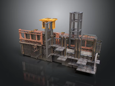 Industrial Building Structure Featuring Metal Frame Multi Level Platforms Yellow Machinery Staircases And Railings 3d model