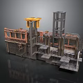 Industrial Building Structure Featuring Metal Frame Multi Level Platforms Yellow Machinery Staircases And Railings