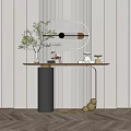 Modern Console Table With Metal Frame Round Mirror Green Plant And Decorations