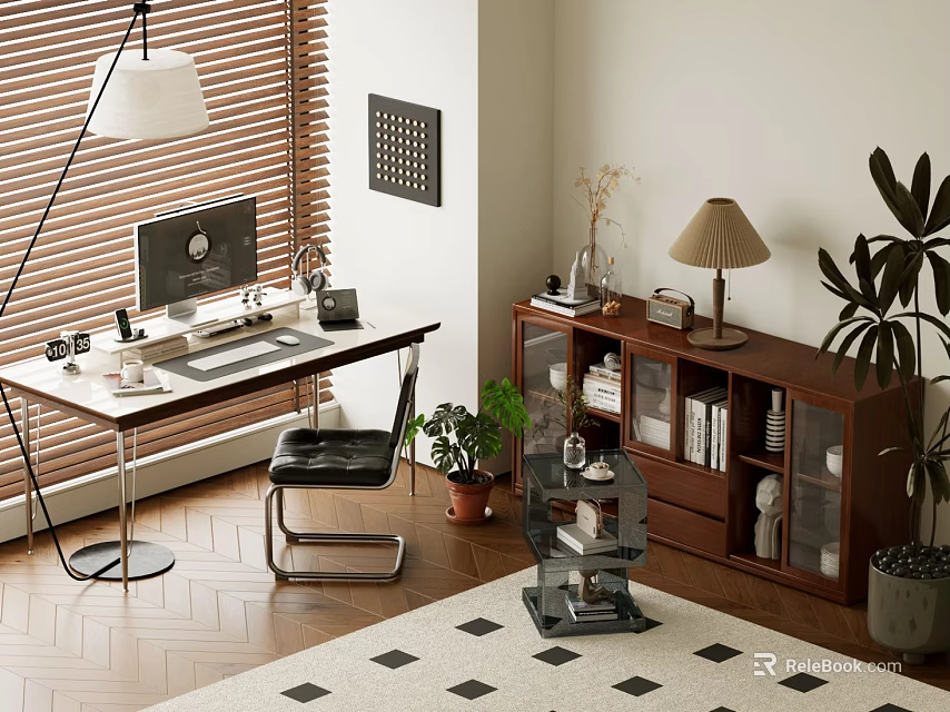 Cozy Home Study Room With Wooden Desk Computer Bookshelf Table Lamp And Indoor Plants 3d model 