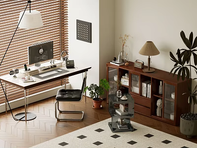 Cozy Home Study Room With Wooden Desk Computer Bookshelf Table Lamp And Indoor Plants 3d model