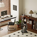 Cozy Home Study Room With Wooden Desk Computer Bookshelf Table Lamp And Indoor Plants