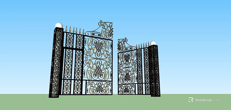 Ornate Wrought Iron Entrance Gate With Intricate Patterns And Ball Topped Pillars 3d model 