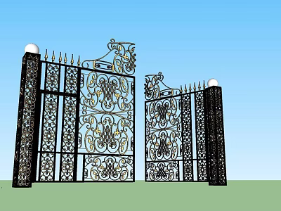 Ornate Wrought Iron Entrance Gate With Intricate Patterns And Ball Topped Pillars 3d model